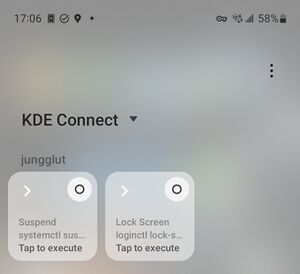 Screenshot of the device controls pane on a Samsung device, showing two configured commands, "Suspend" and "Lock Screen". In each device control tool is the command it will execute, and a prompt which say "Tap to execute".