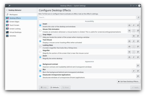 System settings desktop effect