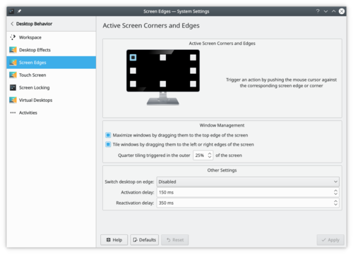 System settings screen edge